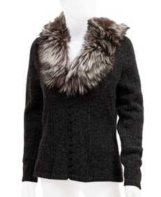 Blumarine Wool Knit Sweater with Fur Collar