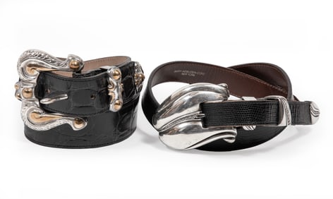 Two Vintage Reptile Leather and Sterling Silver Belts