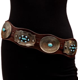 Vintage Leather, Sterling Silver and Turquoise Concho Belt
