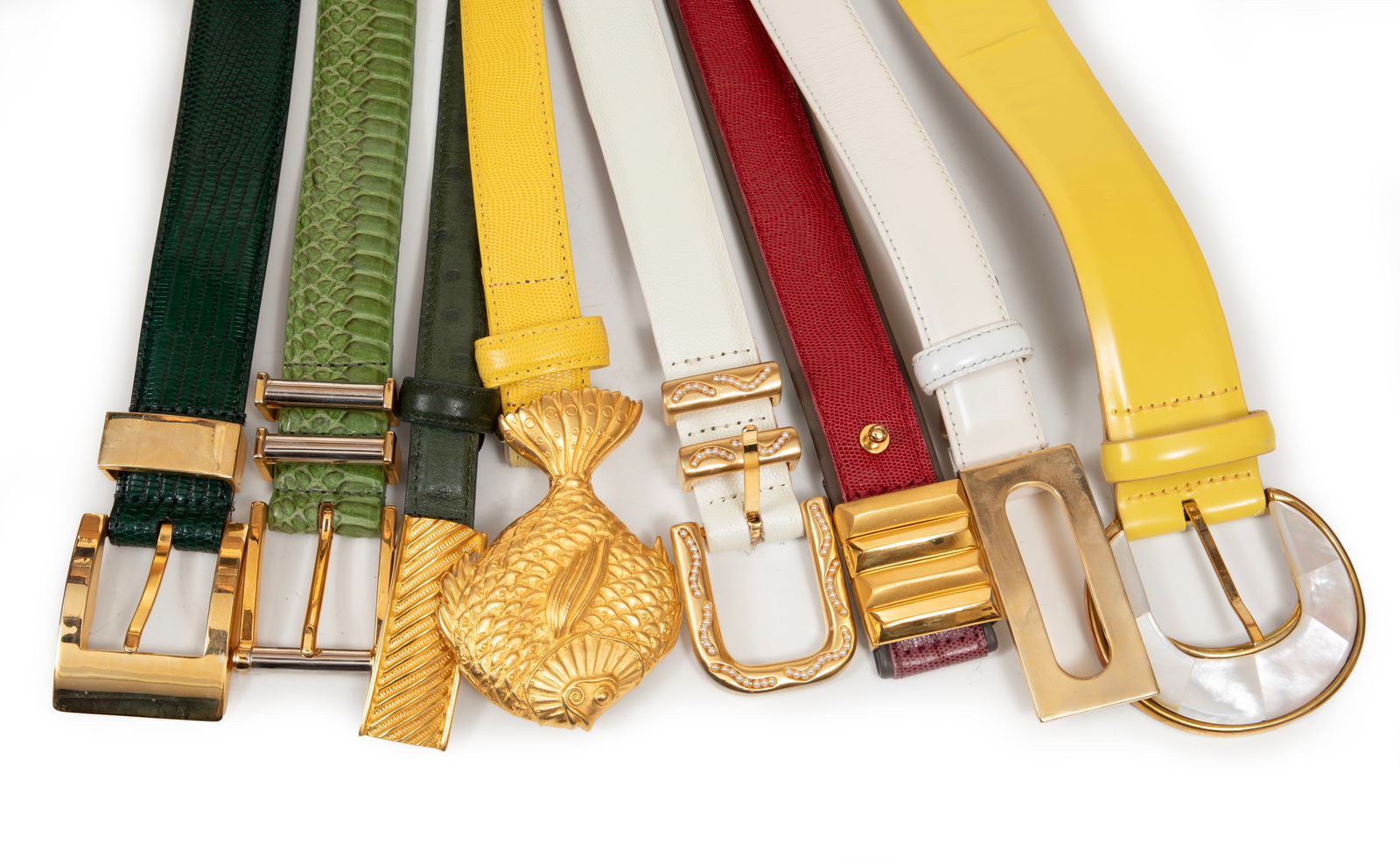 Eight Assorted Vintage Carlisle Leather and Reptile Belts: Eight Assorted Vintage Carlisle Leather and Reptile Beltsall marked, various form buckles incl. pearl encrusted, mother of pearl, and others, l. 37 in. to 38 in.