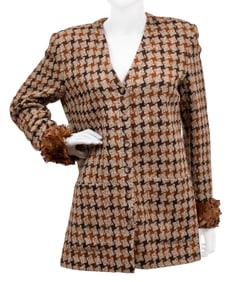 Vintage Valentino Miss V Houndstooth and Feather Trim Blazer