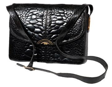 Vintage Leather School Florence Black Crocodile Embossed Shoulder Bag