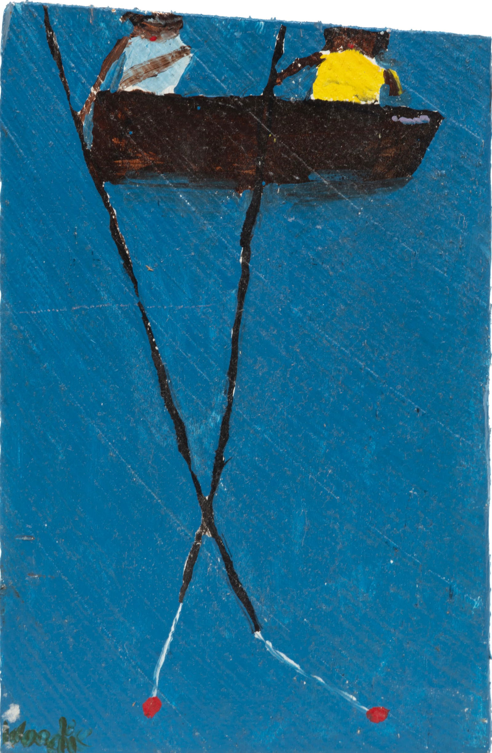 Woodie Long, American/Alabama 1942-2009, "Cane Pole Fishing from Boat", paint on panel (1 of 3)