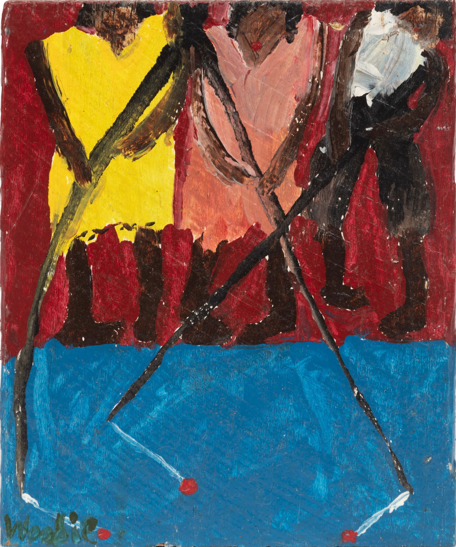 Woodie Long, American/Alabama 1942-2009, "Bank Fishing", paint on panel (1 of 3)