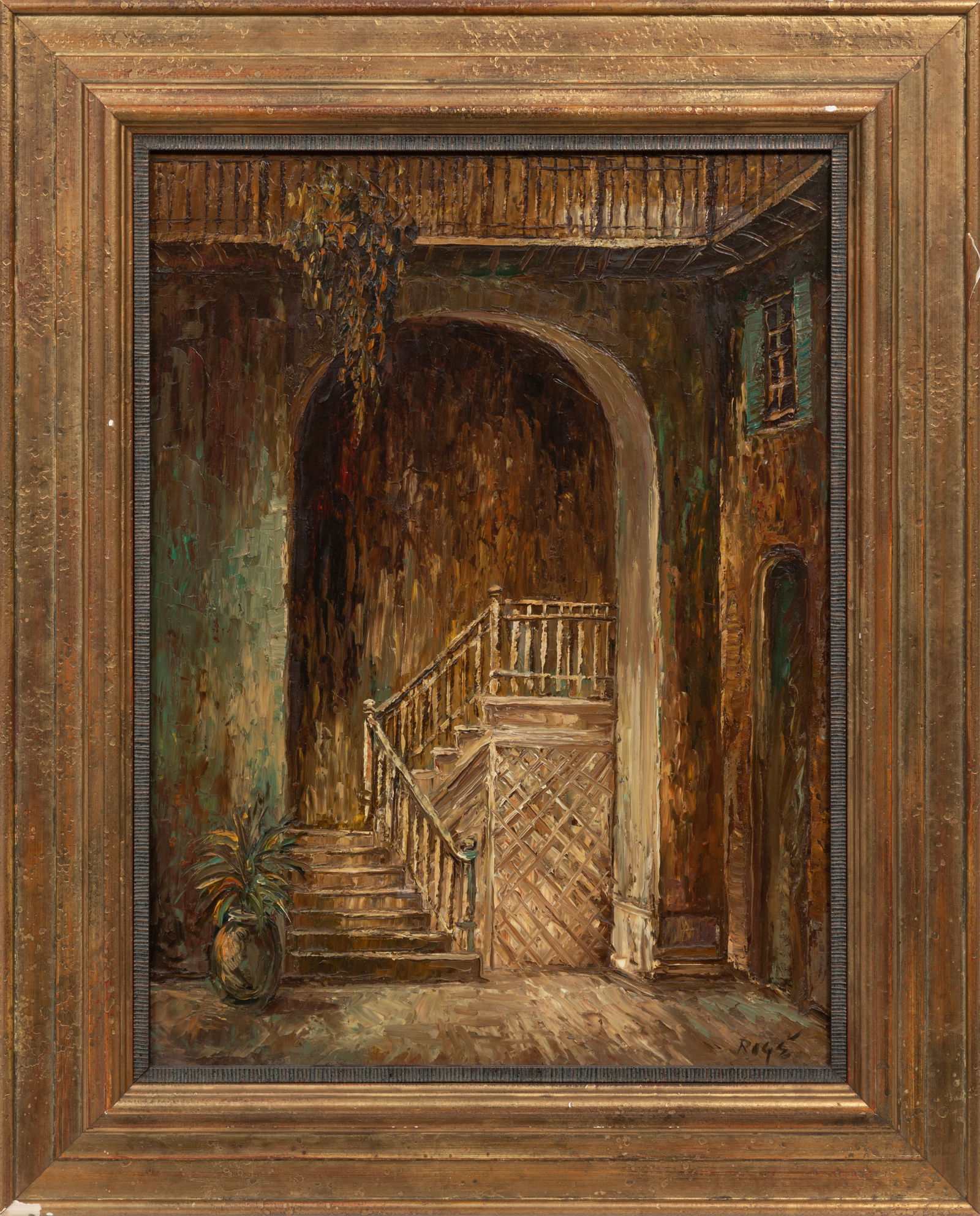 Kirby Daniel "Rogere" Rogers, American/Louisiana 1929-2006, "Brulatour Courtyard", oil on masonite (1 of 3)