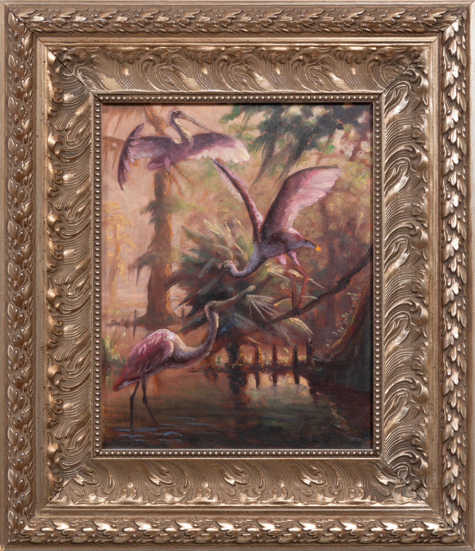 R.C. Davis, American/Louisiana b. 1950, "Spoonbills in the Bayou", oil on masonite (1 of 3)