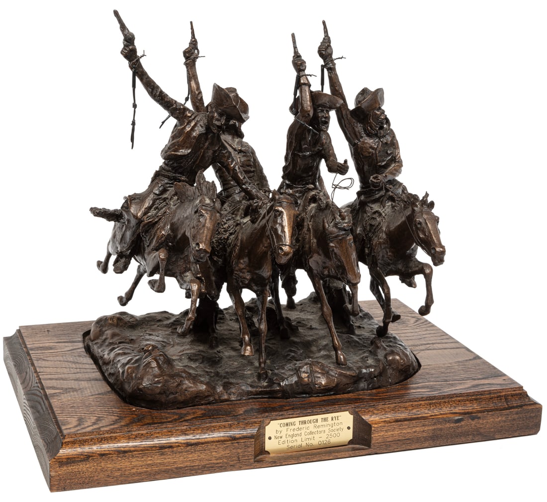 After Frederic Remington, American 1861-1909, "Coming through the Rye", patinated bronze (1 of 5)