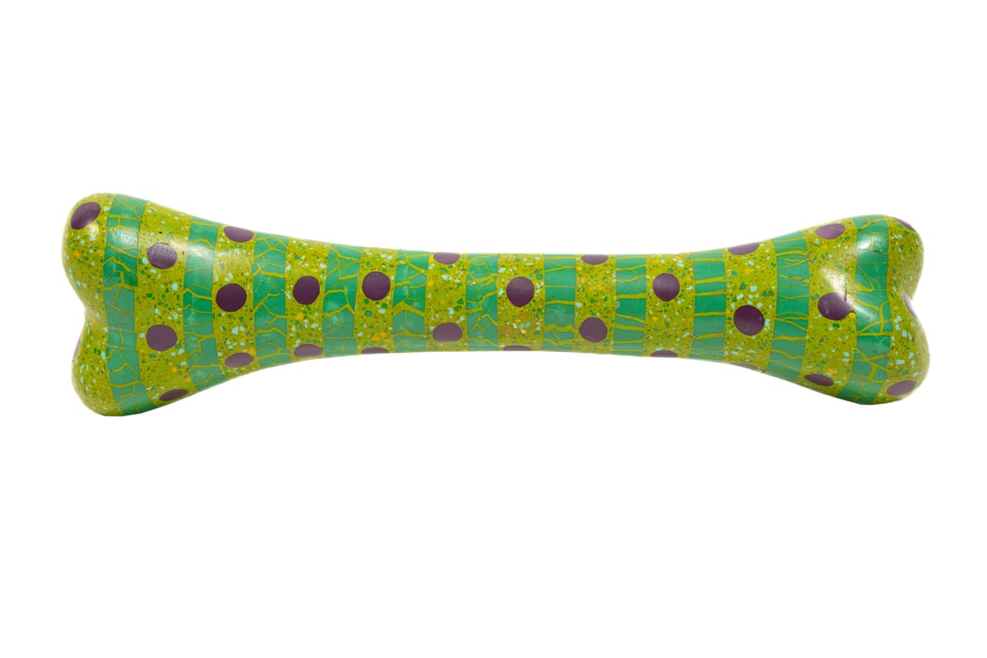 Stone Inlaid Dog Bone-Shaped Paperweight Sculpture: Stone Inlaid Dog Bone-Shaped Paperweight Sculptureunsigned.2 3/4 x 12 1/4 x 3 1/4 in. (7 x 31.1 x 8.3 cm.)