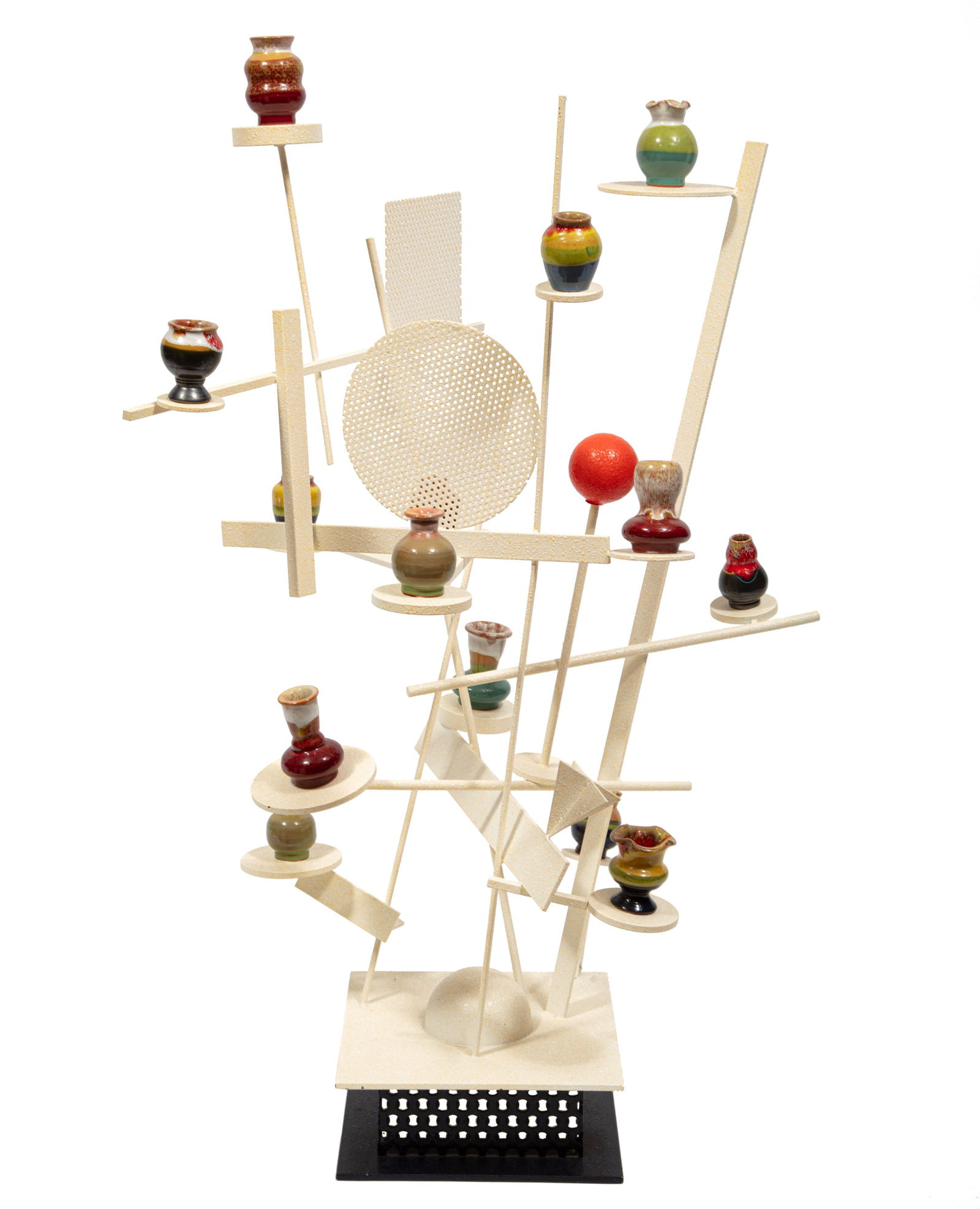 Peter Shire, American/California b. 1947, "Arboles Locos Blanco", steel, ceramic and paint: Peter ShireAmerican/California, b. 1947"Arboles Locos Blanco"steel, ceramic and paint2000, unsigned; together with "L.A. to LA. Peter Shire" exhibition catalogue. (3 pcs.)Provenance: Louisiana State U