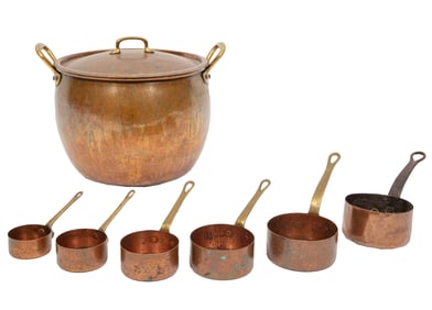 Copper Plated Stock Pot with Six Associated Measures