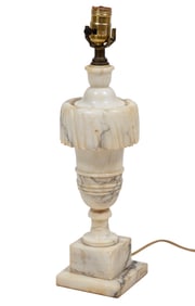 Carved Marble Lamp and Pair of Geometric Iron Sconces