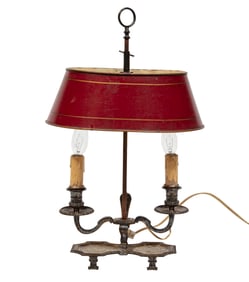 Antique French Silverplate and Tole Two-Light Candle Lamp