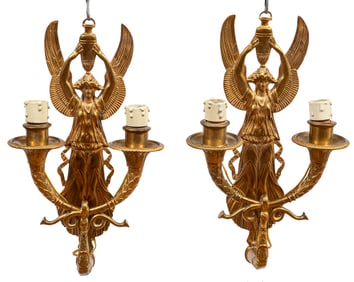 Pair of Diminutive Empire-Style Bronze Two-Light Sconces