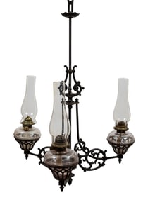 American Victorian Cast-Iron Three Light Oil Lamp Chandelier