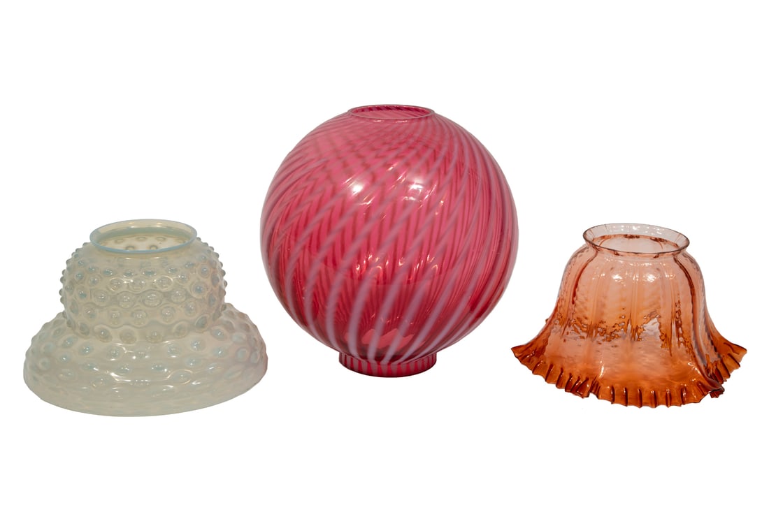 Three American Art Glass Shades: Three American Art Glass Shades largest h. 10 1/4 in., all fitters with 4 in. fitters