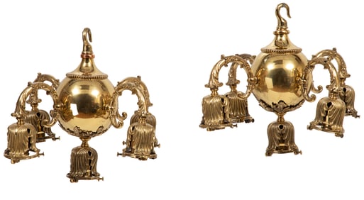 Pair of Contemporary Brass Five-Light Chandeliers