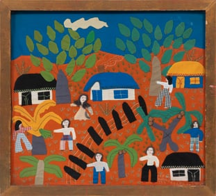 Columbian School 20th c., "Village Scene", fabric and mixed media on board