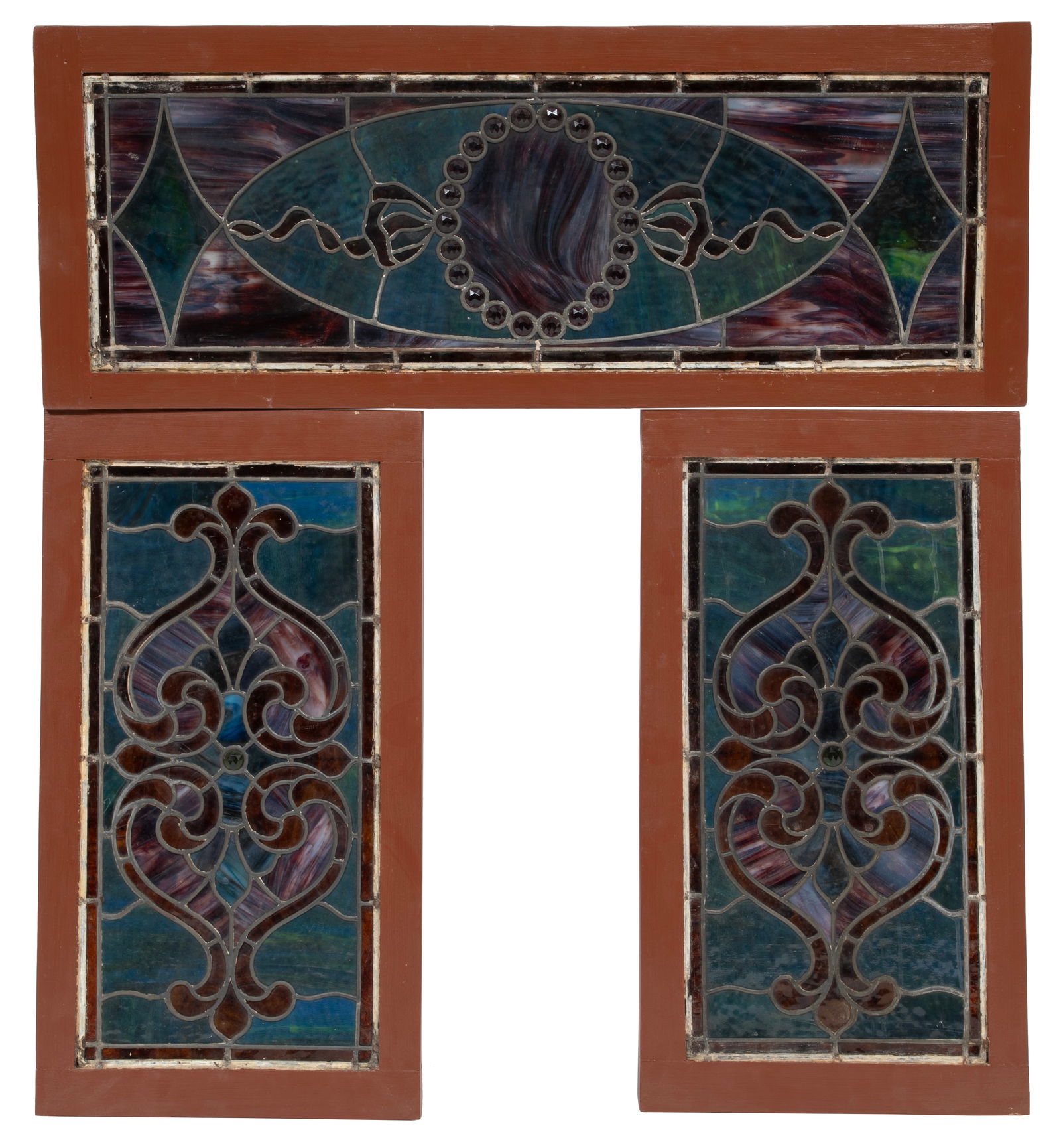 Three American Stained-Glass Windows: Three American Stained-Glass Windowsred painted frames, two are 28 x 15 1/2 x 1 1/4 in., the other 40 x 15 1/2 x 1 1/4 in.