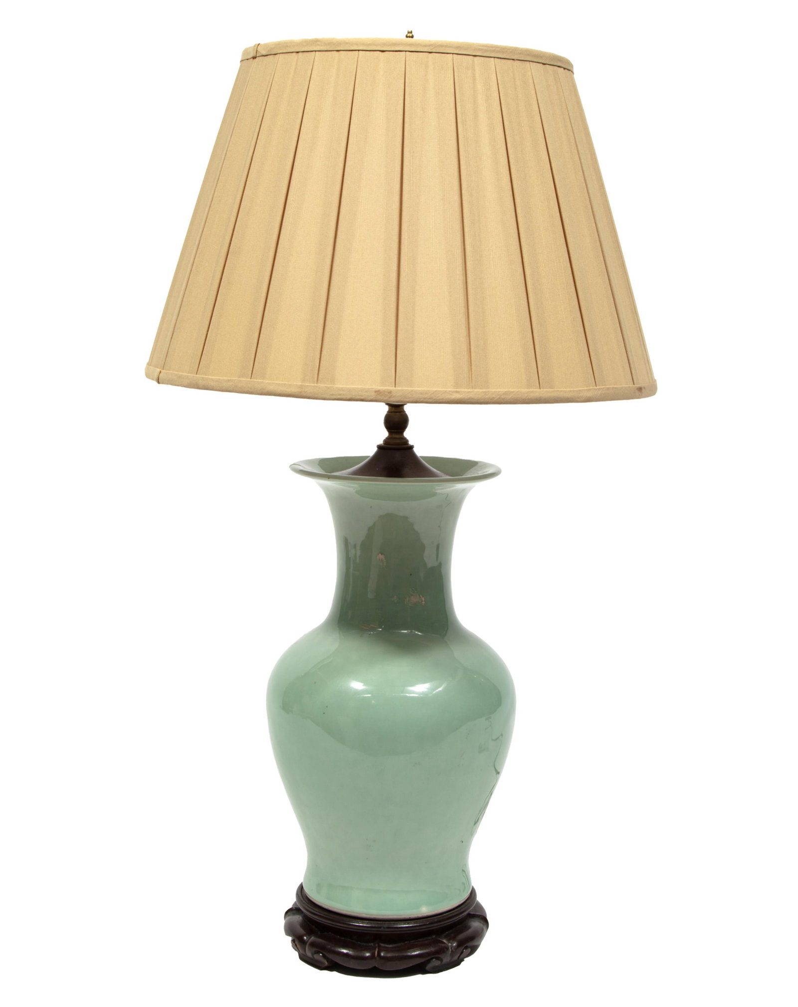 Chinese Celadon Porcelain Vase: Chinese Celadon Porcelain Vase, 20th c., overall pale green glaze, h. 14 in., now mounted as a lamp, h. (incl. socket) 29 in.