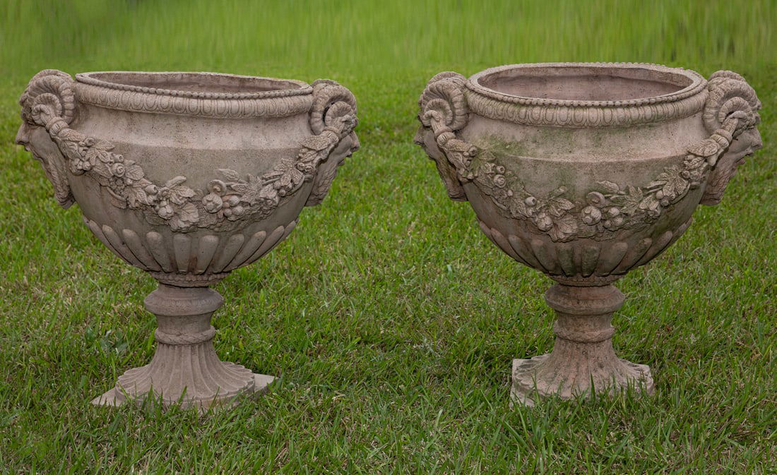Pair of Neoclassical-Style Stone Urns: Pair of Neoclassical-Style Stone Urnsram head handles, h. 18 in., w. 17 in., d. 14 in.