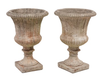 Pair of Cast-Stone Campana-Form Garden Urns