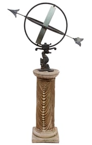 Decorative Patinated Metal Armillary Sphere on Pedestal