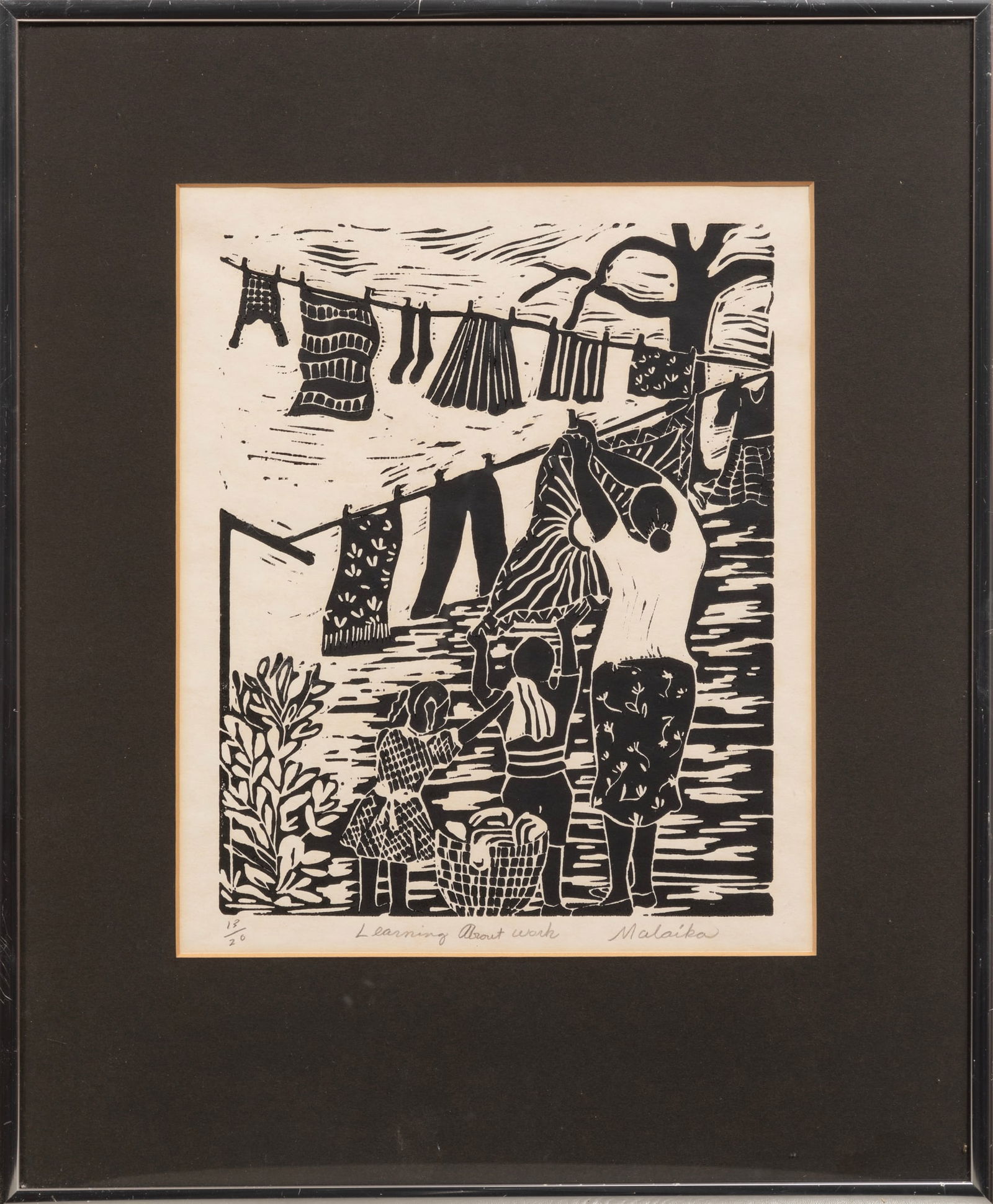 Malaika Favorite, American/Louisiana b. 1949, "Learning About Work", woodcut on rice paper (1 of 3)