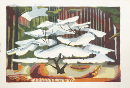 Virginia Barnes, American/Alabama 1895-1984, "Flowers in Basket" and "Untitled: Tree", 2 woodblock