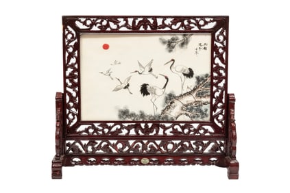 Chinese Painted Porcelain and Hardwood Table Screen