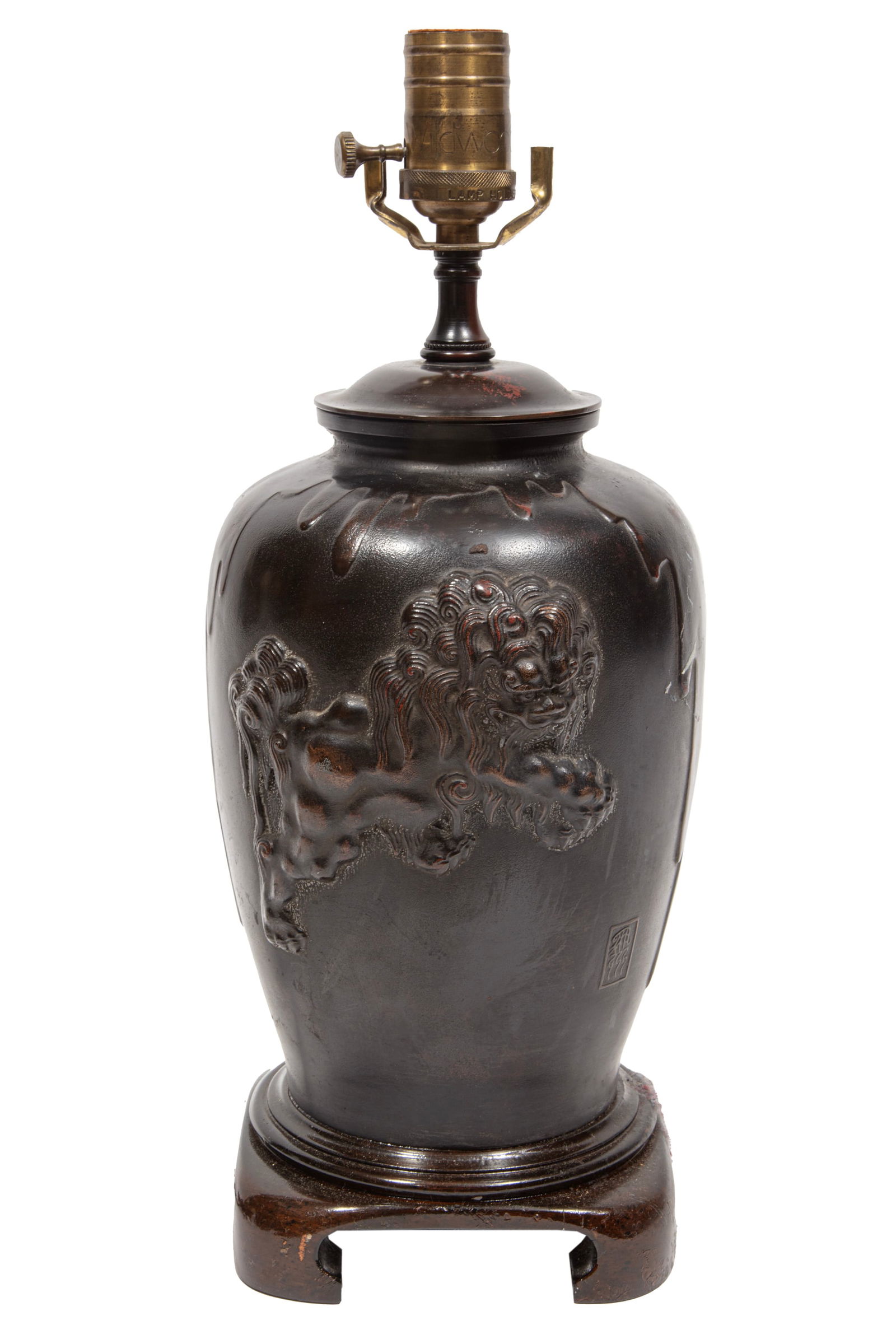 Japanese Bronze Vase: Japanese Bronze Vase, relief-modeled with a shishi lion, marked, h. 9 3/4 in., now with cover and base mounted as a lamp, h. (inc. socket) 16 in.