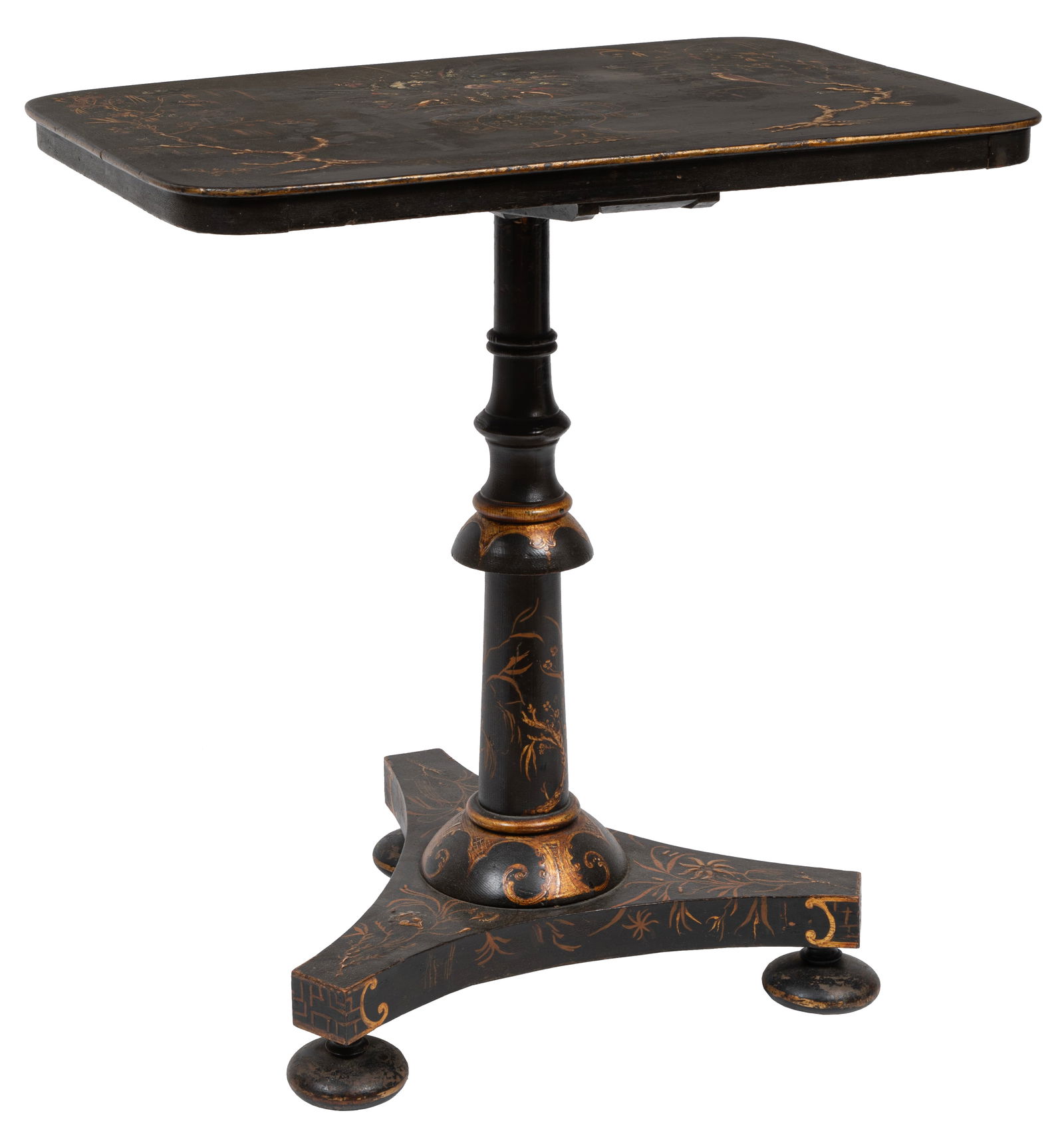 Victorian Parcel Gilt Black Lacquered Chinoiserie Tilt-Top Tea Table: Victorian Parcel Gilt Black Lacquered Chinoiserie Tilt-Top Tea Tablelate 19th c., urn and foliate decor, gilt edge, turned standard, plinth base disk feet