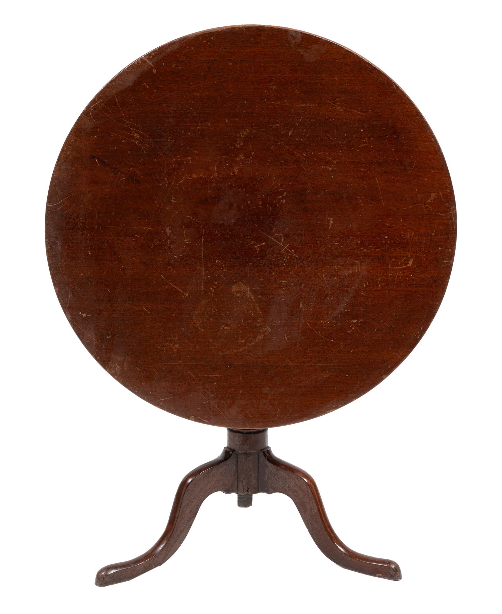 Queen Anne-Style Carved Mahogany Tilt-Top Tea Table: Queen Anne-Style Carved Mahogany Tilt-Top Tea TableEarly 19th c., turned standard, arched legs, pad foot28 x 36 in. (71.1 x 91.4 cm.)
