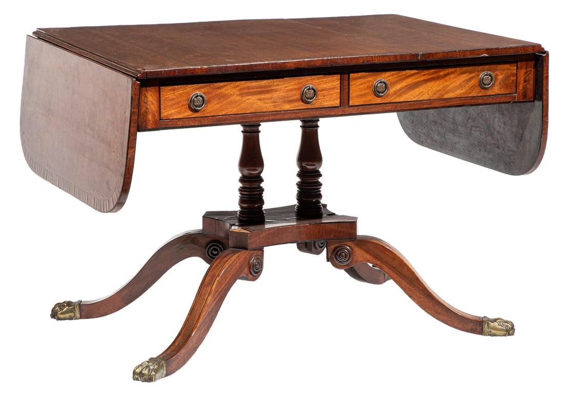 Antique Georgian-Style Inlaid Satinwood and Mahogany Drop-Leaf Sofa Table (1 of 8)