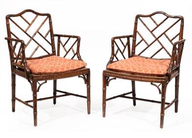Pair of George III-Style Faux Bamboo Armchairs