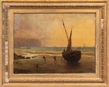 Continental School 19th c., "Ship on the Shore", oil on canvas