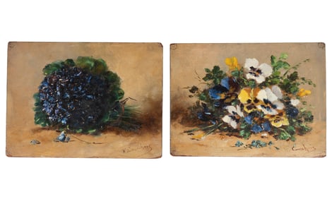 Eugene Henri Cauchois, French 1850-1911, "Violets" and "Pansies", 2 oils on panel