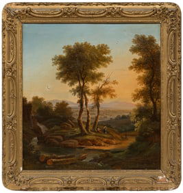 Continental School 19th c., "Pastoral Scene with Two Women on the Bank of a River", oil on canvas