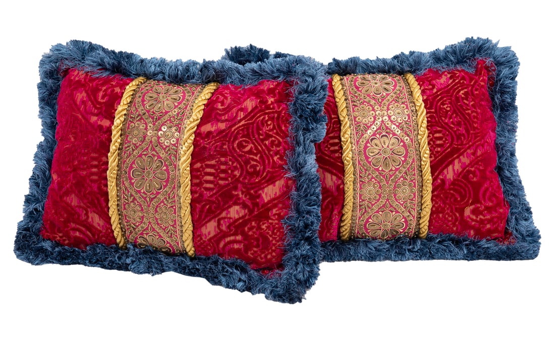 Pair of Tassinari & Chatel Red and Gold Cut Velvet Pillows: Pair of Tassinari & Chatel Red and Gold Cut Velvet Pillows, trimmed with Scalamandre blue fringe, 12 x 15 in.