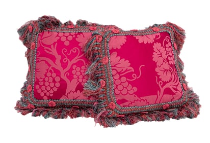 Pair of Fine Fuchsia Silk Satin Jacobean Pillows
