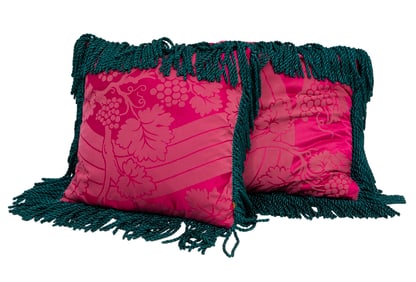 Pair of Fine Fuchsia Silk Satin Jacobean Pillows