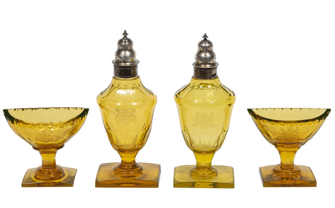 Pair of Georgian Amber Glass Muffineers and a Pair of Salt Cellars: Pair of Georgian Amber Glass Muffineers and a Pair of Salt Cellars,tallest: h. 8 1/2 in., w. 3 3/8 in., d. 3 1/8 in.