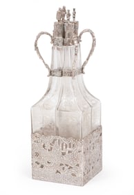 Suite of Continental Silver-Mounted Etched Glass Decanters in Stand