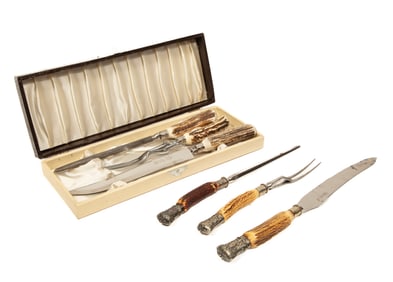 Antique English Silverplate-Mounted Staghorn Three-Piece Carving Set, together with contemporary