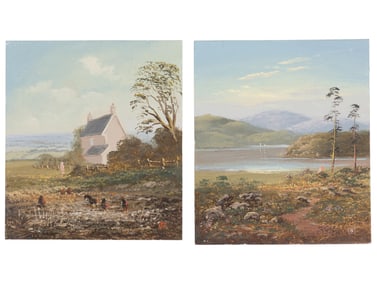Continental School 19th/20th c., "Mountain Lake" and "Country House", 2 oils on metal