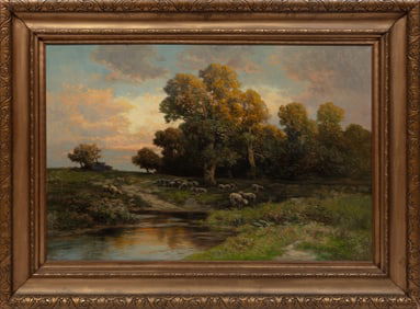 Carl Weber, American/Pennsylvania 1850-1921, "Sheep by a Stream", oil on canvas