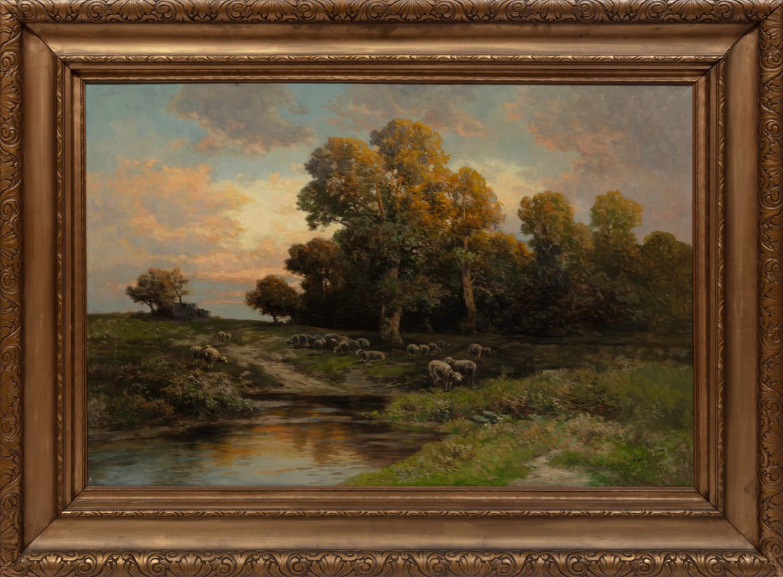 Carl Weber, American/Pennsylvania 1850-1921, "Sheep by a Stream", oil on canvas (1 of 2)