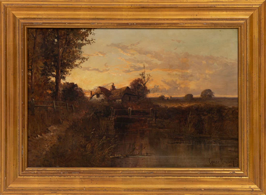 Charles Kingsley, British 1819-1875, "Landscape with Cottage", oil on canvas: Charles Kingsley British, 1819-1875 "Landscape with Cottage" oil on canvas signed lower right, framed. 20 x 30 in. (50.8 x 76.2 cm.), Frame: 27 1/2 x 37 1/2 x 1 1/2 in. (69.9 x 95.3 x 3.8 cm.)