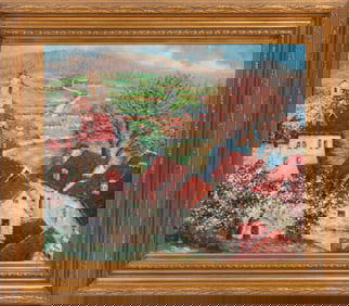 Continental School 20th c., "View of a Hilltop Village", oil on canvas