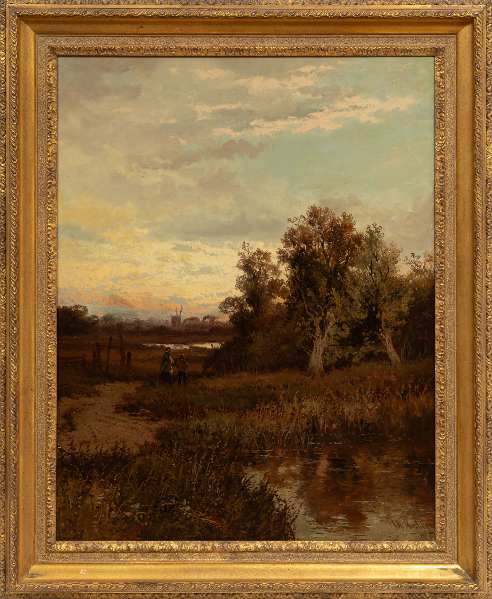 John Horace Hooper, British 1853-1899, "Landscape", oil on canvas: John Horace HooperBritish, 1853-1899"Landscape"oil on canvassigned lower right, "Henry Stern Antiques, New Orleans" label on reverse of frame, "Michael Davis, Surrey, Australia" label on stretcher, fr