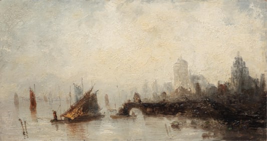 Continental School 19th c., ?Along the Shoreline? and "Harbor", 2 oils on panel